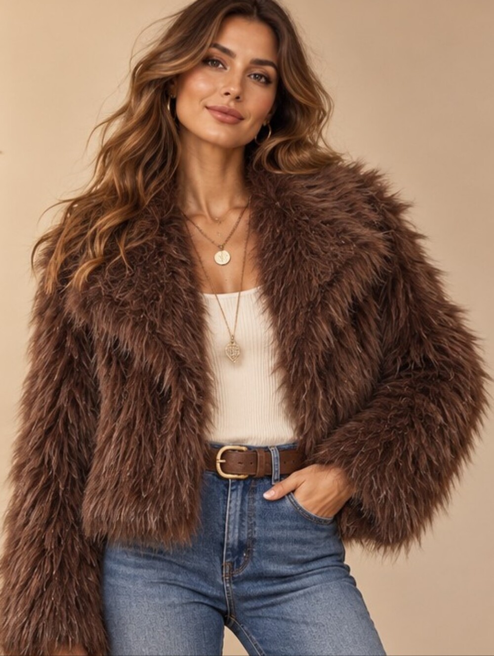 AIXIRUI Chocolate Brown Shaggy Faux Fur Cropped Jacket Oversized  Coat Size L